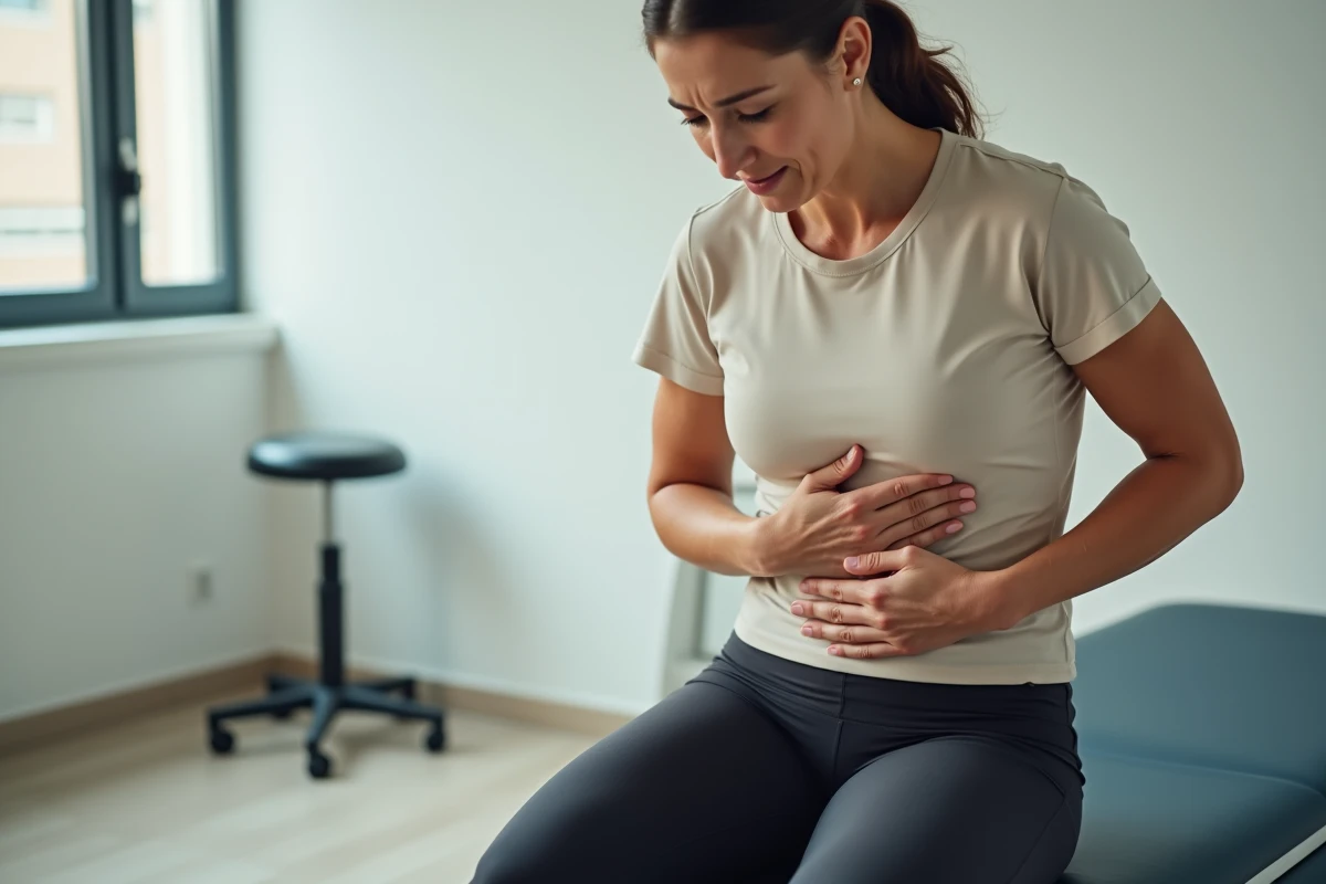 Femme ressentant une douleur à la côte flottante et au thorax inférieur en position assise