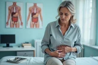 Femme d'une cinquantaine d'années tenant son abdomen supérieur droit lors d'une consultation médicale, illustrant la douleur liée aux calculs biliaires et au pancréas