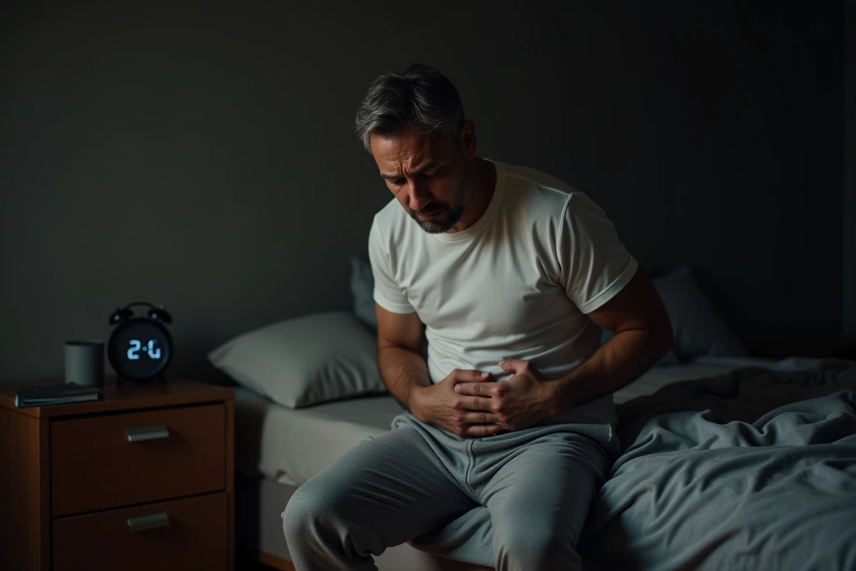 Homme assis sur le bord du lit la nuit avec une douleur au côté droit de l'abdomen, expression de gêne visible