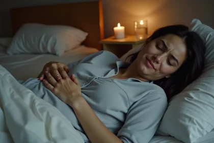 Femme allongée dans son lit la nuit tenant son côté droit du ventre en raison de douleurs abdominales nocturnes