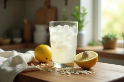 Verre d'eau de riz avec du citron sur un comptoir en bois rustique, recette naturelle santé