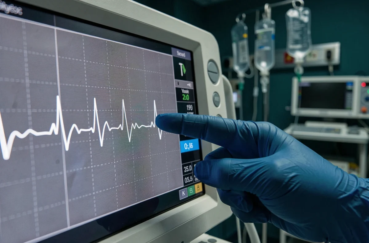 Tracé ECG sur écran de monitoring en réanimation montrant des anomalies caractéristiques de l'hypokaliémie sous diurétiques