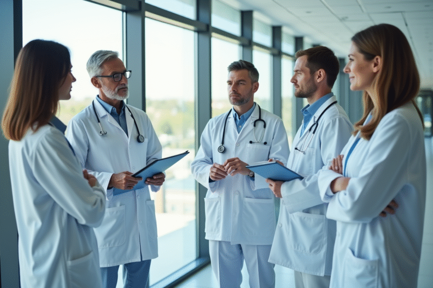Groupe de médecins dans un hôpital lumineux