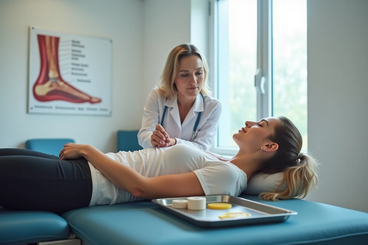 Physiothérapeute évaluant une cheville enflée d'une sportive dans un cabinet de médecine du sport