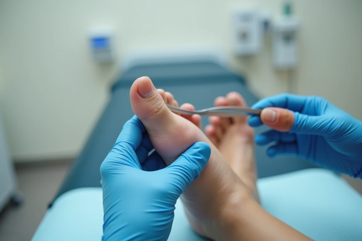 Professionnel de santé examinant un ongle de pied traumatisé avec séparation du lit unguéal lors d'une consultation podologique