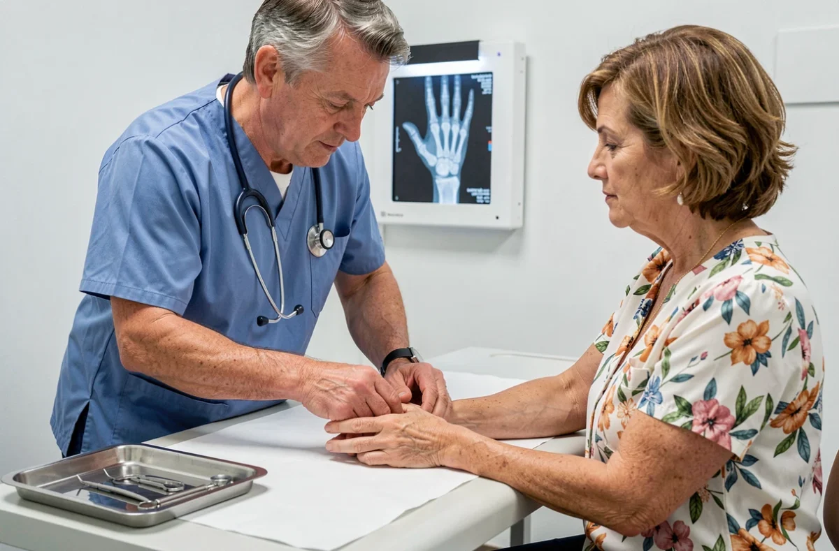 Rhumatologue examinant les articulations d'une patiente avec radiographie en arrière-plan