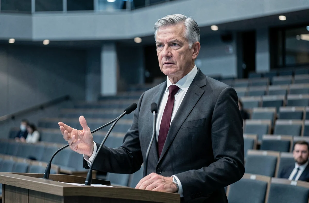 Homme aux cheveux gris en costume sombre prenant la parole à un podium dans une salle de conférence officielle, image illustrant un expert public dans le contexte d'un article sur la santé d'Alain Bauer