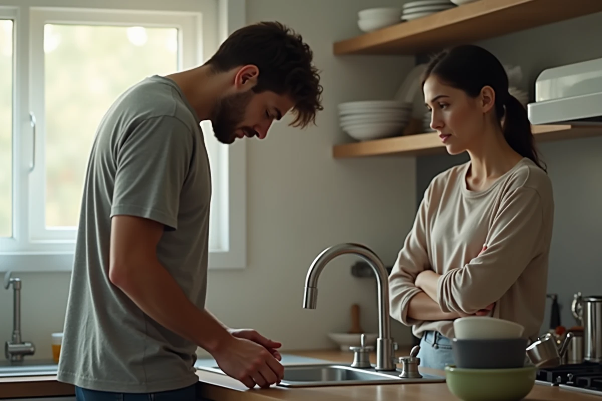 Homme épuisé faisant la vaisselle sous le regard impatient de son partenaire, illustrant la pression de 'faire un effort'