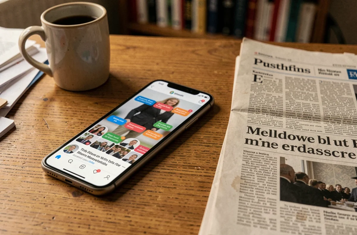 Smartphone affichant des réseaux sociaux avec fausses informations posé à côté d'un journal papier, illustrant la propagation des fake news sur la santé d'une personnalité politique