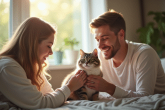 Famille heureuse caressant un chat dans un salon ensoleille