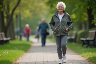 Femme âgée active marchant dans un parc urbain