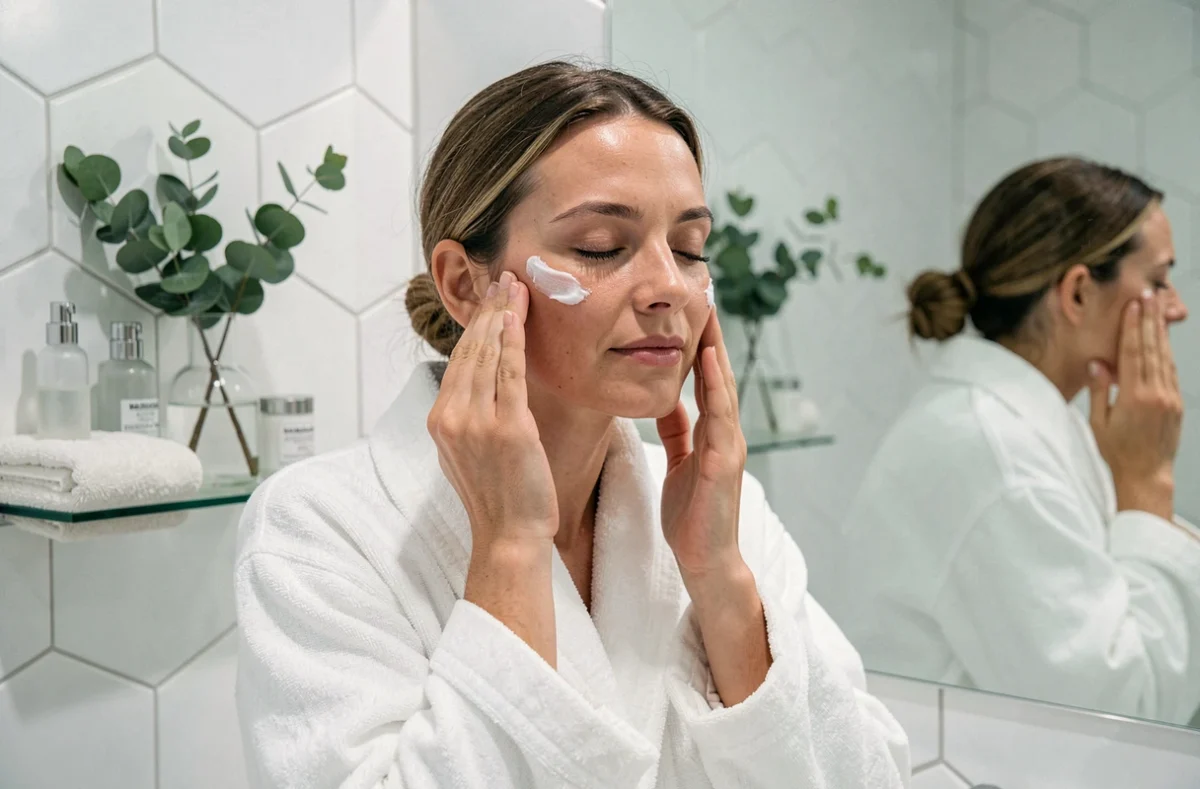 Femme appliquant un baume nourrissant sur le visage dans une salle de bain épurée, soin du visage naturel éclat