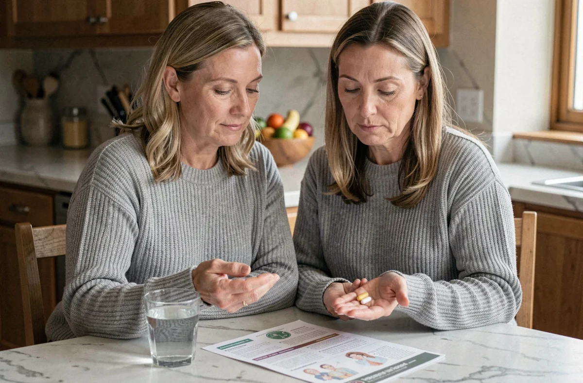 Femme lisant un avis médical sur le Glucavit chez elle avant de prendre le complément
