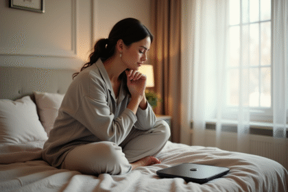Femme assise sur le lit regardant la balance digitale