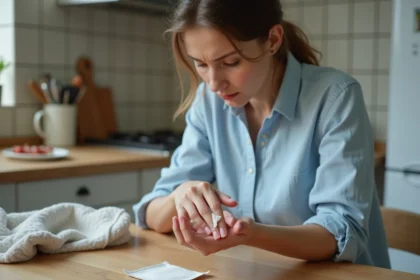 Femme examine une ampoule sur son doigt avec souci