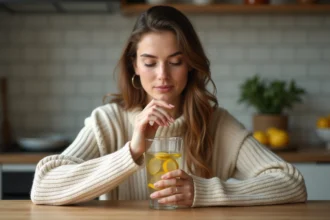 Femme en pull cosy sirotant une eau au gingembre dans la cuisine