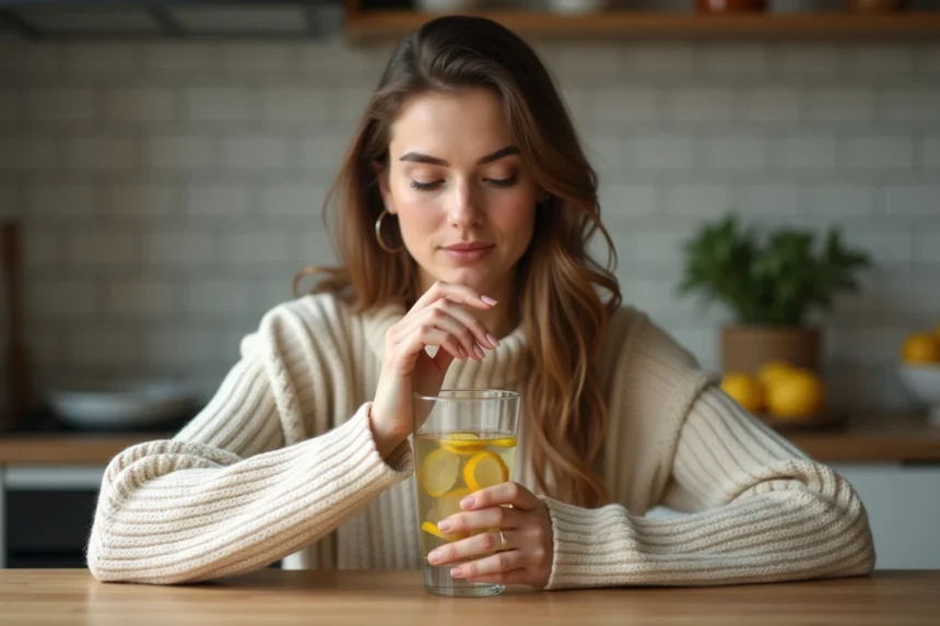 Femme en pull cosy sirotant une eau au gingembre dans la cuisine