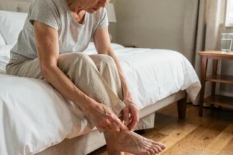 Femme d'âge mûr assise sur son lit tenant son pied douloureux, illustrant la sensation de brûlure aux pieds liée à un problème de circulation