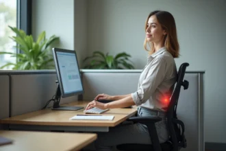 Femme ajustant sa chaise ergonomique au bureau