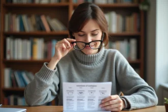 Femme examinant des verres de lunettes correcteurs à côté d'un tableau de calcul d'épaisseur de verres
