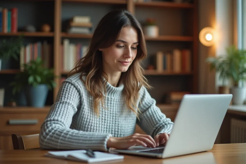 Femme consultant un blog médical sur son ordinateur portable pour préparer un rendez-vous médical