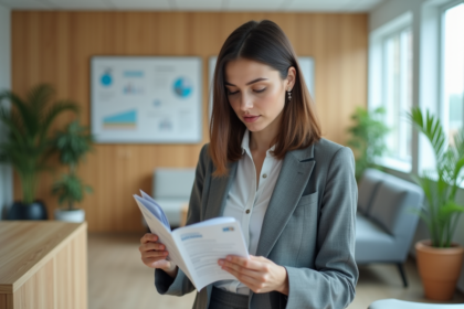 Jeune femme lisant brochures médicales à l'hôpital