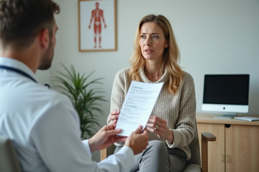 Femme préoccupée en consultation médicale avec résultat lab