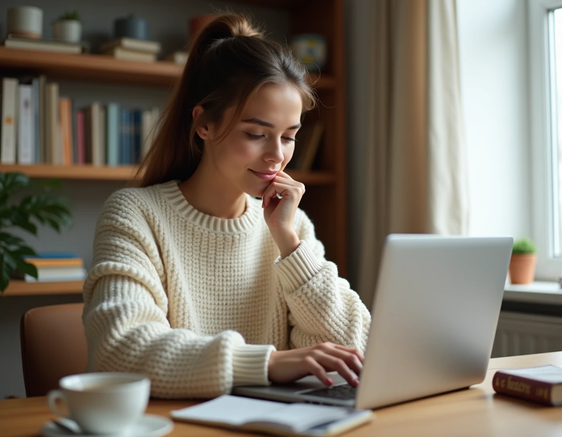 Jeune femme consultant un blog de chirurgie dentaire sur son ordinateur portable à la maison avant sa première opération
