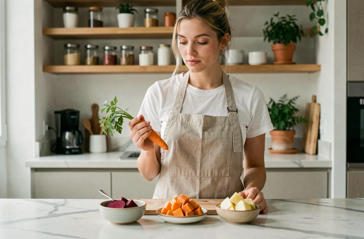 Femme en cuisine tenant une carotte fraîche entourée de légumes glucidiques variés dans des bols en céramique