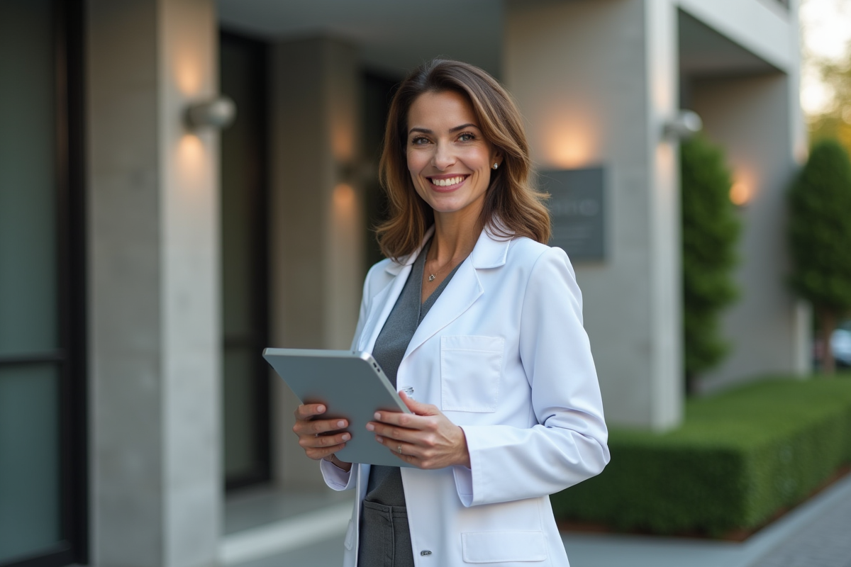 Femme médecin souriante devant une clinique luxueuse
