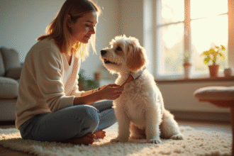 Jeune femme brossant un chien dans un salon lumineux