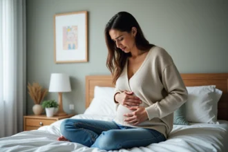 Femme jeune assise sur le lit avec douleur abdominale