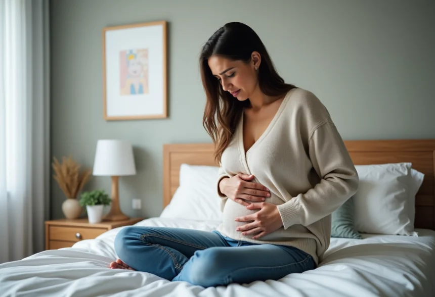 Femme jeune assise sur le lit avec douleur abdominale