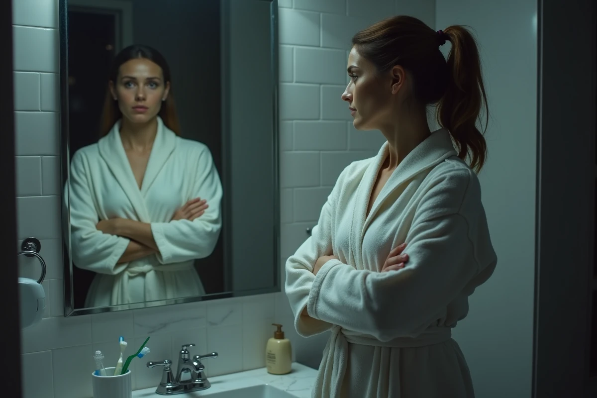 Femme en robe de chambre dans la salle de bain la nuit, main sur le côté droit sous les côtes, regard préoccupé dans le miroir