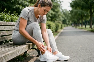 Femme tenant le côté extérieur de son pied douloureux après une entorse pendant une séance de course à pied