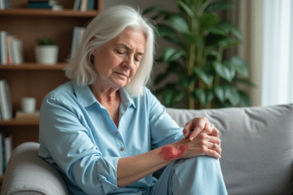 Femme examinant des plaques rouges sur le bras