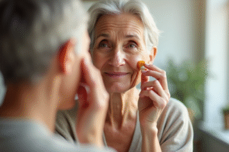 Femme âgée appliquant sérum vitamine C visage