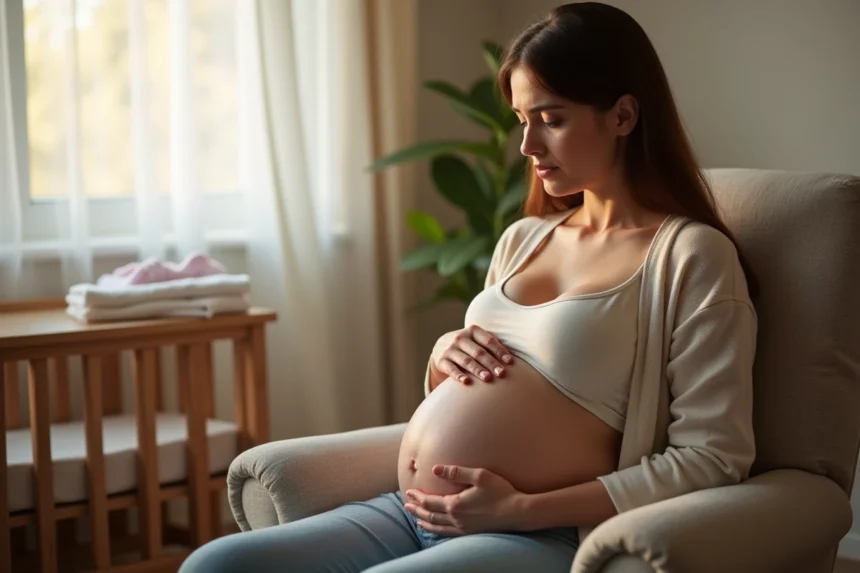 Femme enceinte en fin de grossesse réfléchissant à l'allaitement dans une chambre de bébé cosy
