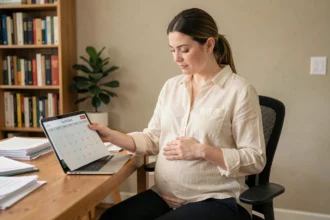 Femme enceinte calculant sa date d'accouchement devant un calendrier et un ordinateur dans un bureau à domicile