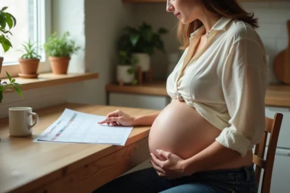 Femme enceinte calculant son terme de grossesse avec un calendrier prénatal à la maison