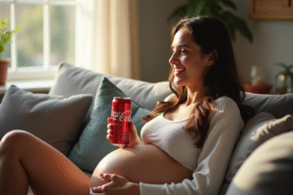 Femme enceinte souriante avec CocaZero dans un salon lumineux