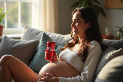 Femme enceinte souriante avec CocaZero dans un salon lumineux