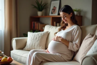 Femme enceinte assise sur un canapé dans un intérieur chaleureux