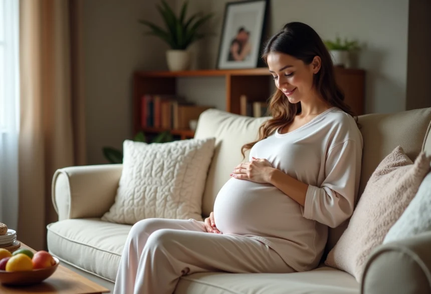 Femme enceinte assise sur un canapé dans un intérieur chaleureux