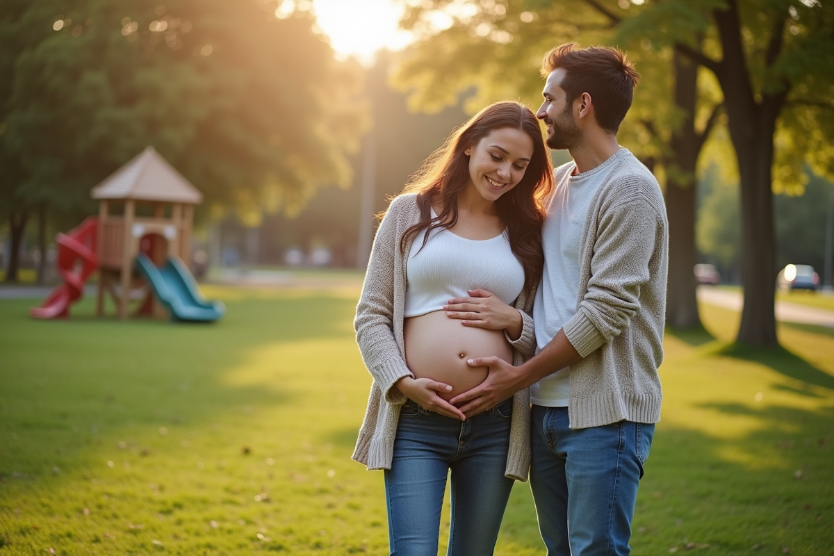 Femme enceinte avec amis dans un parc en plein air