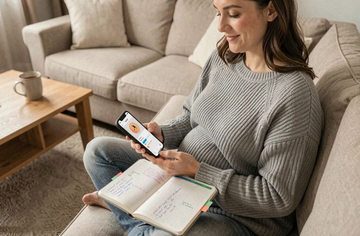 Femme enceinte planifiant son congé maternité avec un smartphone et un agenda sur son canapé