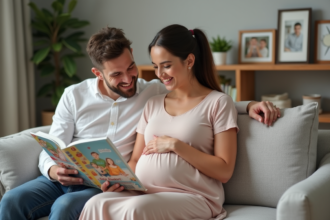 Femme enceinte avec son partenaire dans un salon chaleureux