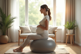 Femme enceinte se balançant sur un ballon de naissance dans un salon lumineux