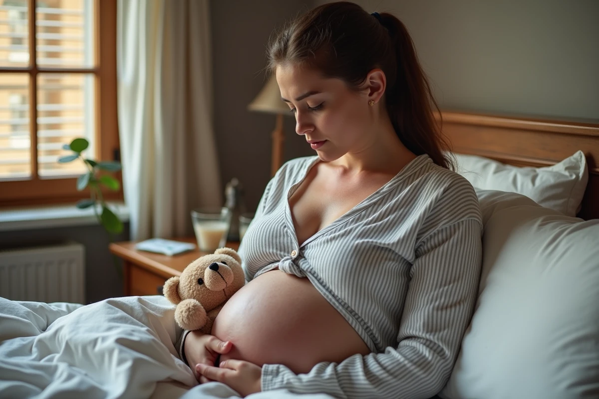 Femme enceinte malade de la scarlatine se reposant au lit en envisageant l'allaitement