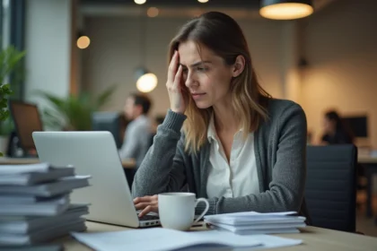 Femme épuisée au bureau, victime de pompeurs d'énergie au travail, exprimant la fatigue psychologique
